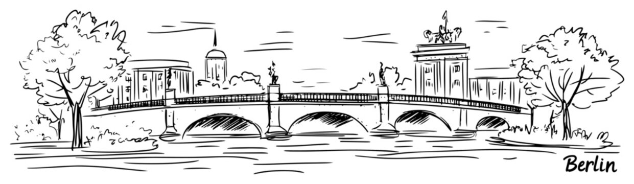 Berlin cityscape with Brandenburg Gate and bridge over the Spree river. Hand drawn vector sketch.