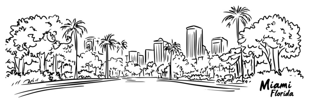 Miami Florida city park street view with skyscrapers Hand drawn urban landscape sketch with palm trees vector illustration