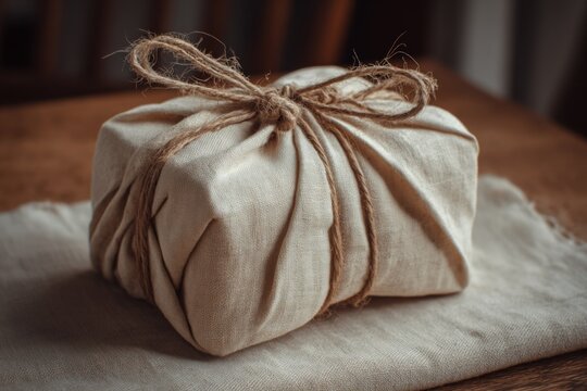 Small wrapped gift on a wooden table with a simple string bow, captured in soft light