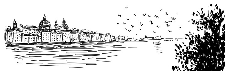 Venice Italy cityscape view from the sea with birds Hand drawn historic landscape sketch vector illustration © Tomas