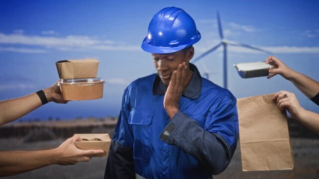 Man construction worker in blue hardhat touching cheek while multiple hands offer takeout boxes and a paper bag at windfarm; indecision choices.