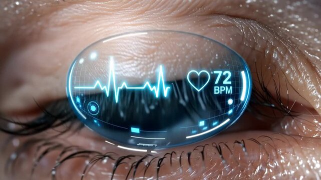 Extreme close up of a human eyeball with a futuristic holographic interface displaying a real time electrocardiogram, showing vital signs and health data for advanced medical monitoring