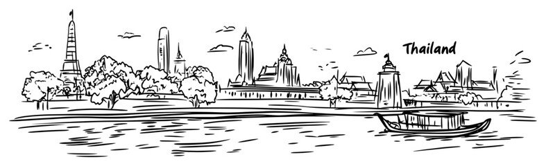 Naklejka premium Bangkok Thailand cityscape with temples and a boat on the Chao Phraya river. Hand drawn vector sketch