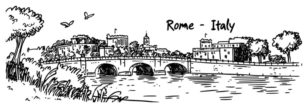 Rome Italy cityscape with a historic bridge over the Tiber river. Hand drawn vector sketch.