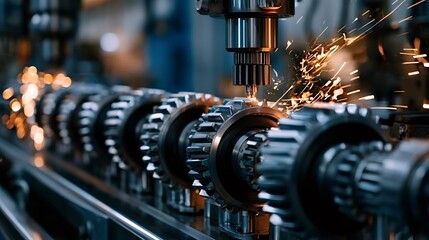 Naklejka premium Cnc machine tool processing metal gears, creating bright sparks during the precision grinding or cutting operation in an automated factory environment, showcasing modern engineering
