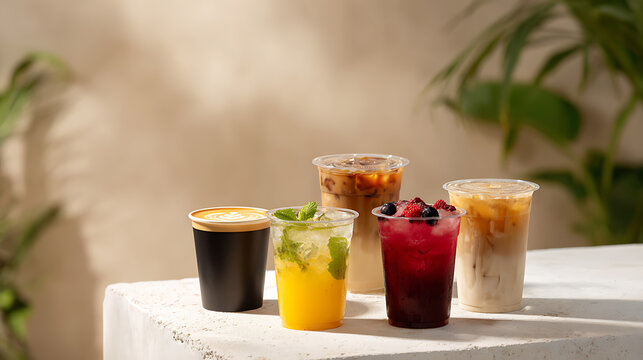 Assortment of vibrant cold beverages with a black coffee cup, refreshing fruit drinks, and iced lattes on a rustic textured surface, bathed in sunlight