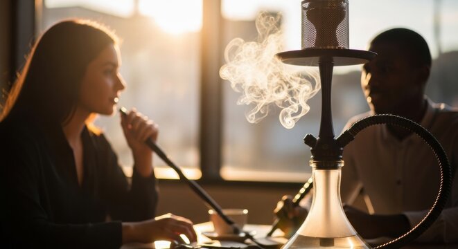 Young couple smoking hookah indoors with visible smoke plume for lounge social lifestyle background and relaxed cafe banner