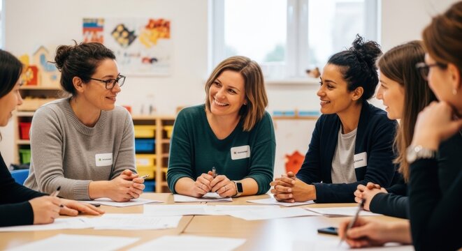 Women in collaborative meeting around table in classroom setting for training background and teamwork workshop banner design