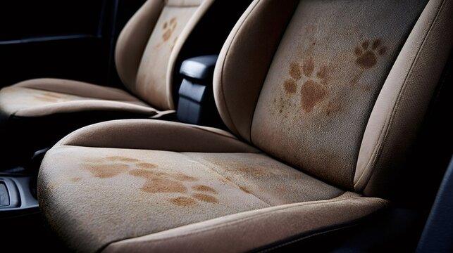 Dirty muddy paw prints across fabric car seat upholstery, close up of pet tracks and stains in vehicle interior signaling mess, cleanup and detailing needed after travel