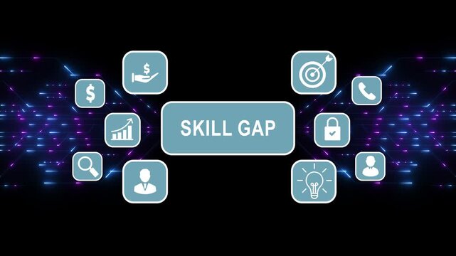 Digital world Skill Gap business concept icons.Digital Circuit Network Technology internet data space Background.