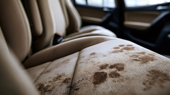 Muddy dog paw prints on a beige car seat upholstery, close up showing brown stains and fabric texture, highlighting pet mess, travel wear and cleaning challenges in family vehicle