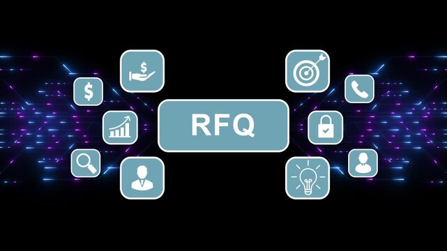 Digital RFQ concept animated with glowing icons representing finance and security. animation