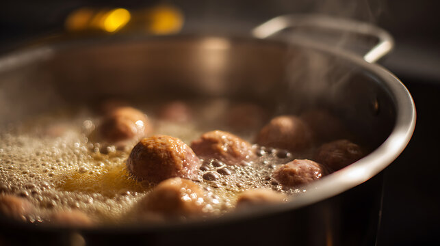 Delicious meatballs simmer in a bubbling golden sauce within a metal pot, steam rising, a close-up shot emphasizing home-cooked warmth and flavor