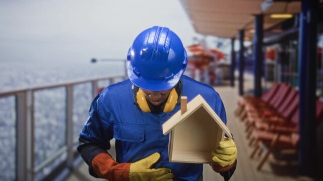 Man builder holding wooden house model and wearing hardhat gloves and earmuffs on building deck; pride duty.