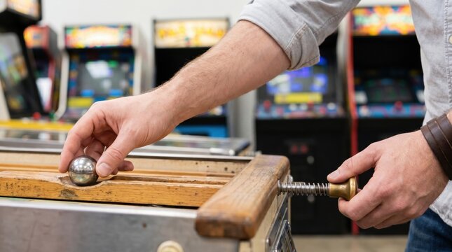 Person pulling back the spring loaded plunger to launch a vintage pinball