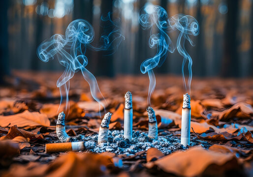 Several cigarette butts smolder on the forest floor covered in orange leaves