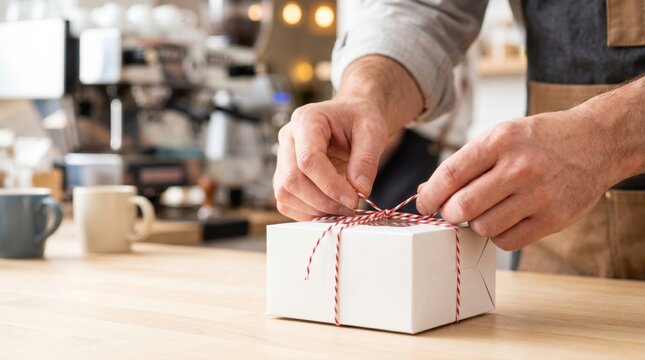 Barista tying a red and white string around a white bakery takeaway box