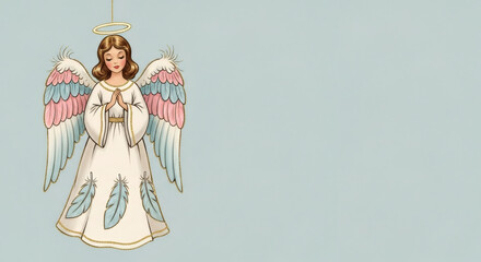 Obraz premium Woman praying angel in white dress with colorful wings and halo, a religious illustration for Christmas and spiritual concepts.