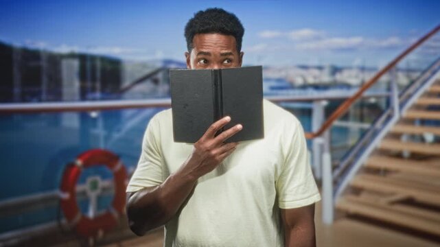 Man holds book over mouth and peeks with hand visible on building deck near lifebuoy and stairs; curiosity contemplation.