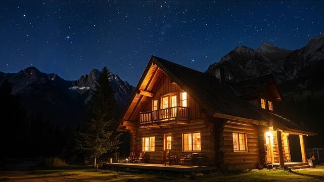 Wooden mountain cabin glowing under a starry night sky, cozy vacation stay, wilderness retreat, peaceful escape, alpine lifestyle.
