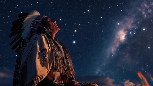 Senior native american man in traditional regalia with a feathered headdress sitting by a campfire at night, looking up at the beautiful starry sky and the milky way galaxy