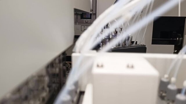 Robotic laboratory analyzer performing chemical tests and scientific experiments, automated research and precision analysis concept.