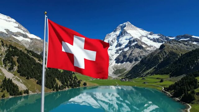 Swiss flag waving proudly against alps and turquoise alpine lake landscape switzerland mountain