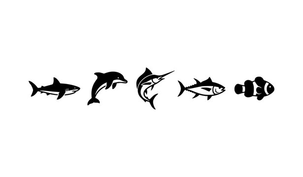 Marine animal icon set with shark tuna clownfish dolphin and marlin in solid black vector style isolated on white background
