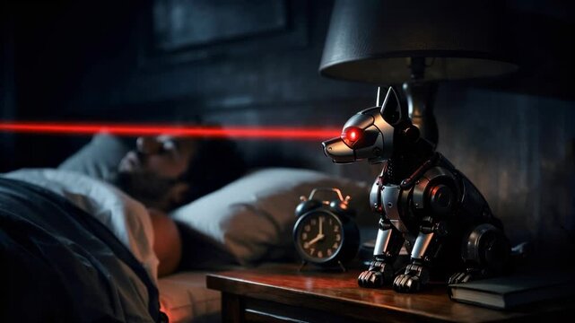 Futuristic robotic dog with glowing red eyes scanning a peacefully sleeping person in a dark bedroom, symbolizing concepts like surveillance, technology, protection, and artificial intelligence