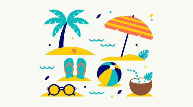 Tropical beach objects are arranged in a clean flat vector composition for summer vacation theme