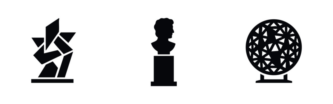 Collection of three minimalist black silhouette icons representing abstract art, a classical bust, and a geometric geodesic sphere sculpture.