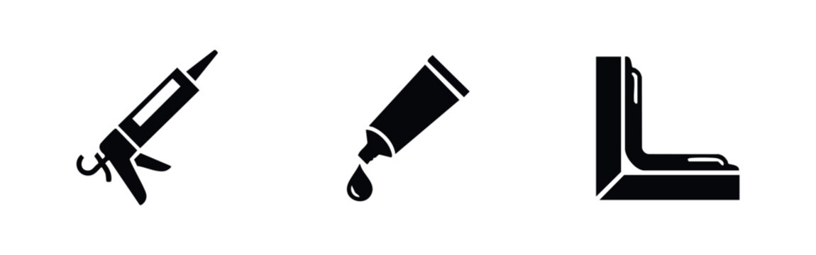 Set of black minimalist icons for sealant application: caulking gun, adhesive tube, and corner joint sealing. Perfect for home improvement projects.