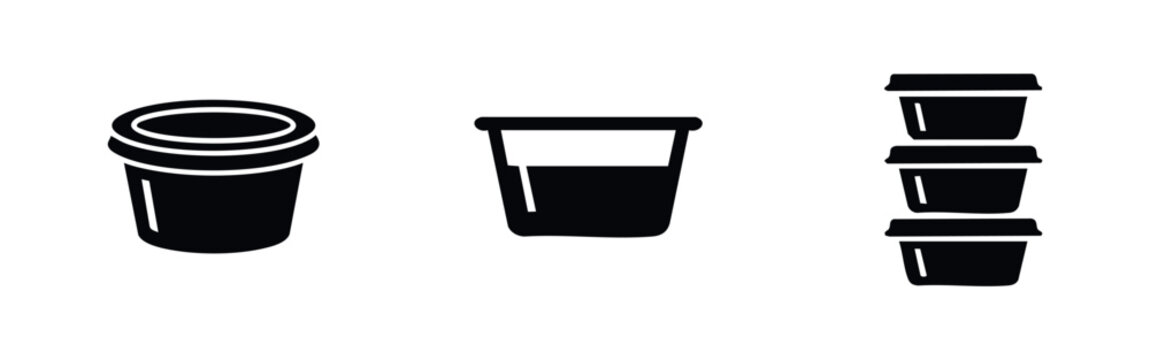 Set of black icons representing plastic food containers, sauce cups, and stacked storage tubs with lids, isolated on a white background.