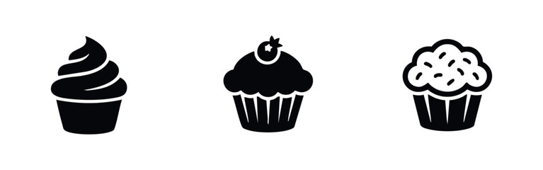 Set of three minimalist black cupcake and muffin icons on a white background, featuring swirls, sprinkles, and a berry topping. © Lili