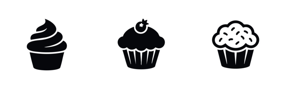Set of three minimalist black cupcake and muffin icons on a white background, featuring swirls, sprinkles, and a berry topping.