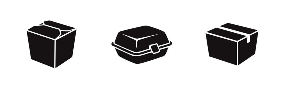 Vector set of black food packaging silhouettes: a noodle box, a clamshell burger container, and a rectangular takeout box, isolated on white.