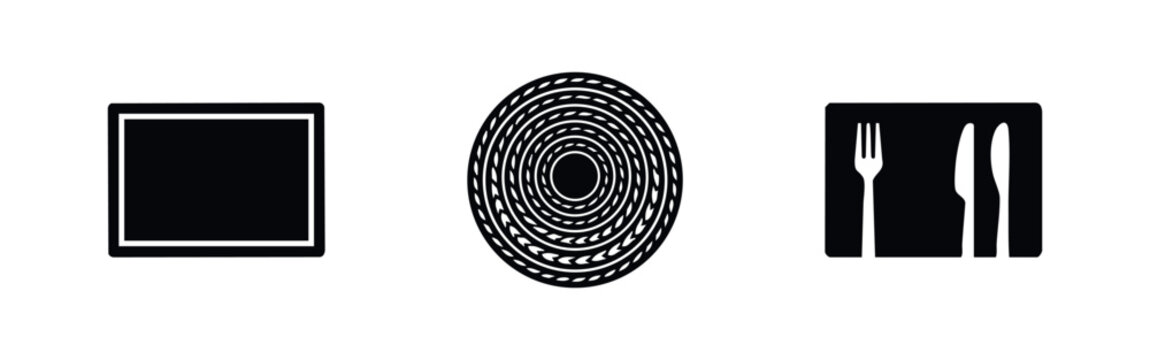 Set of minimalist black icons representing table placemats and dining settings, including rectangular and circular designs on a white background.