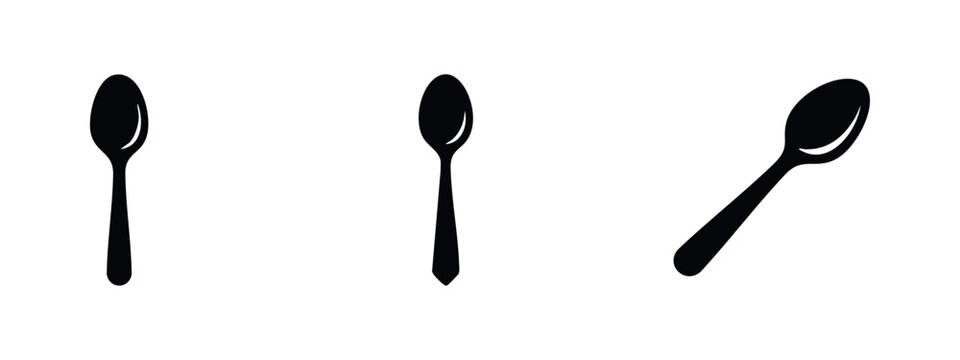 Set of three black spoon icons in different positions isolated on white background. Minimalist vector illustration of kitchen cutlery utensils.