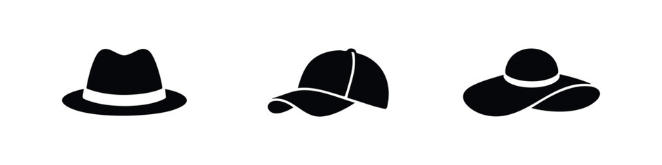 Fototapeta premium Set of three black hat silhouettes: a classic fedora, a sporty baseball cap, and an elegant wide-brimmed sun hat. Minimalist vector icons.
