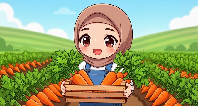 Cute Muslim girl in hijab and overalls holding a crate of fresh carrots. Adorable chibi cartoon illustration of a young farmer harvesting vegetables.
