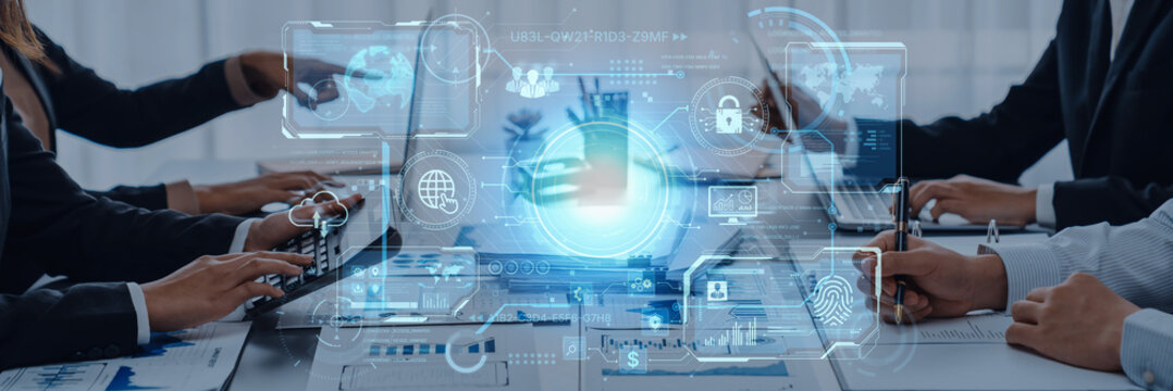 A futuristic command center interface for managing a global technology platform. The dashboard includes data security, network administration, and biometric user authentication. Fermion
