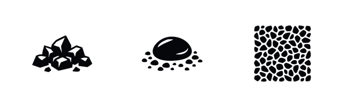 Set of three minimalist black icons showing crushed stone, a large pebble with sand, and a repeating gravel texture on a white background.