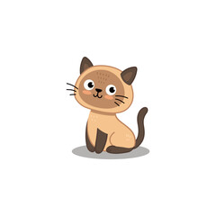 Fototapeta premium siamese cartoon cat sits on a white background. Cute kitten in flat style for postcard, banner, web, design, arts. Vector illustration
