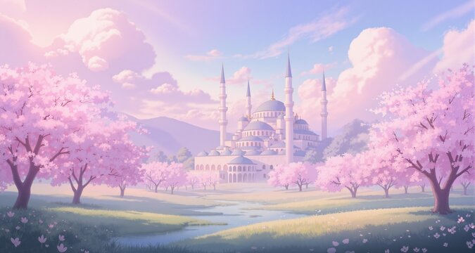 Pastel mosque landscape with cherry blossom trees and dreamy clouds
