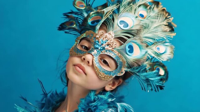 Young female child model wearing an elaborate blue and gold glitter venetian mask decorated with peacock feathers and a boa, posing for the camera against a vibrant turquoise background