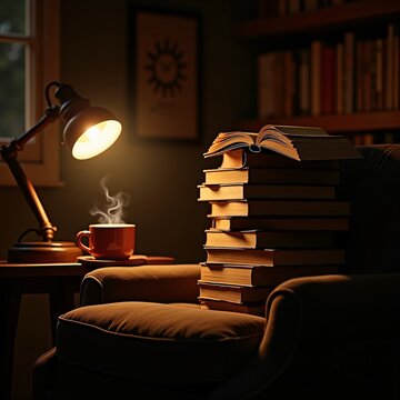 Cozy reading nook with stack of books, steaming mug, and warm lamp light