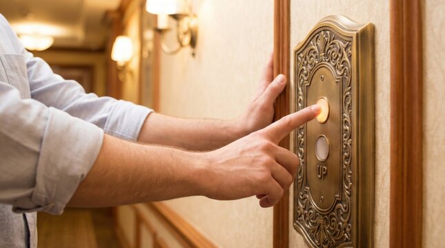 Person pressing the illuminated up button on an ornate brass elevator panel