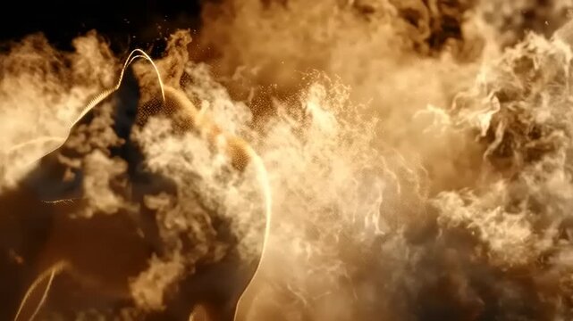 A dramatic horse runs through smoke and flames at sunset outdoors