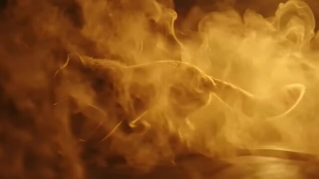A swirling mass of smoke and flames rises rapidly in a dimly lit room with an animate feel.