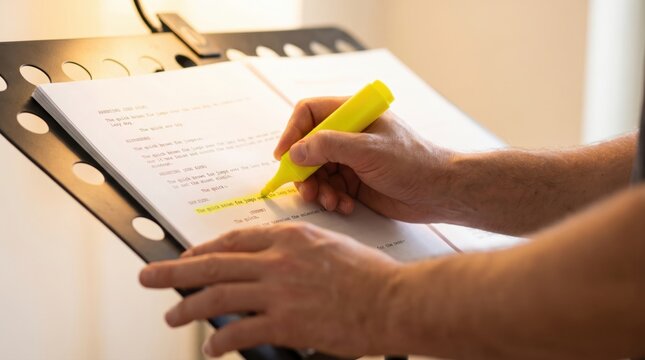 Actor highlighting dialogue in a printed script book on a black music stand